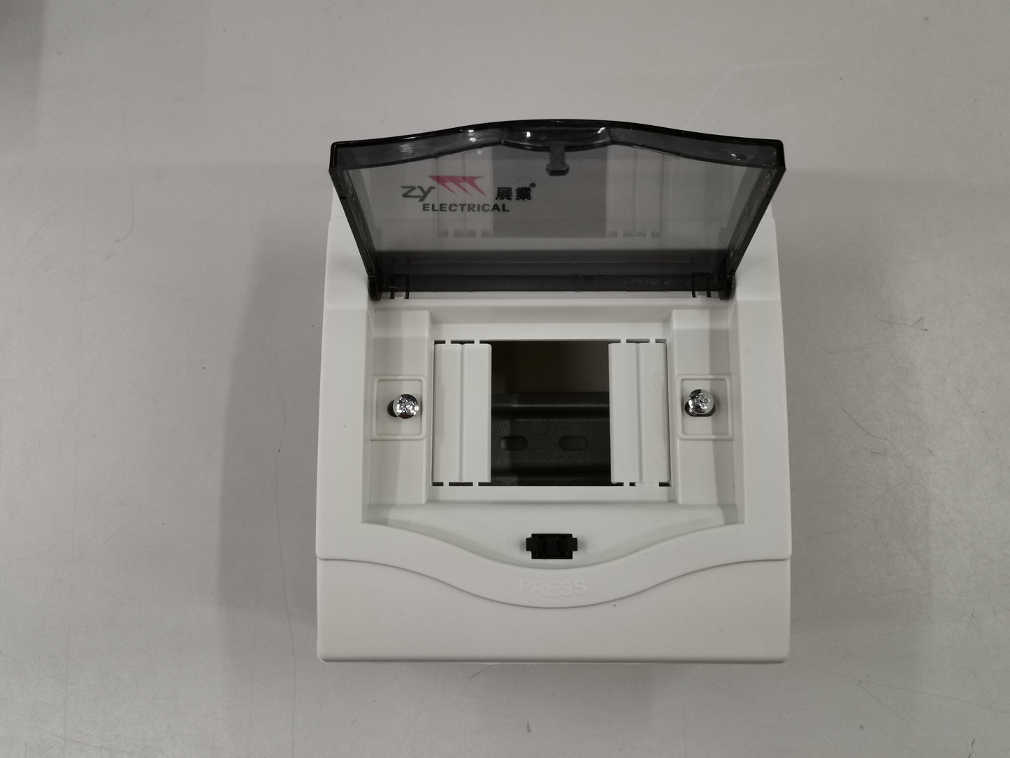 ZY 4 Ways Distribution Box Surface with transparent protective cover and white casing for electrical circuitry