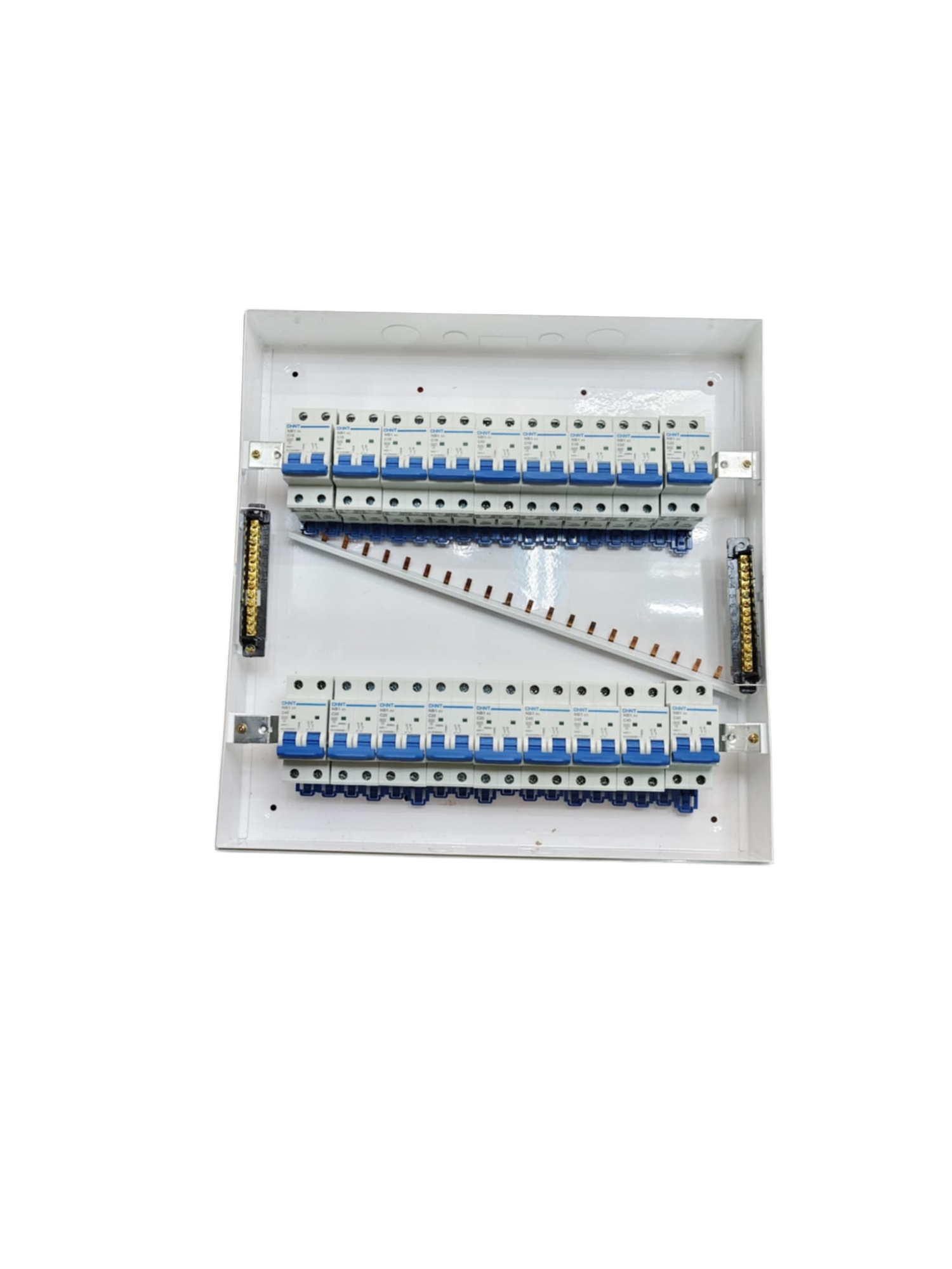 Chint and ZY 50A 36 ways surface type panel box white surface mount distribution board with 36 blue breakers and busbars