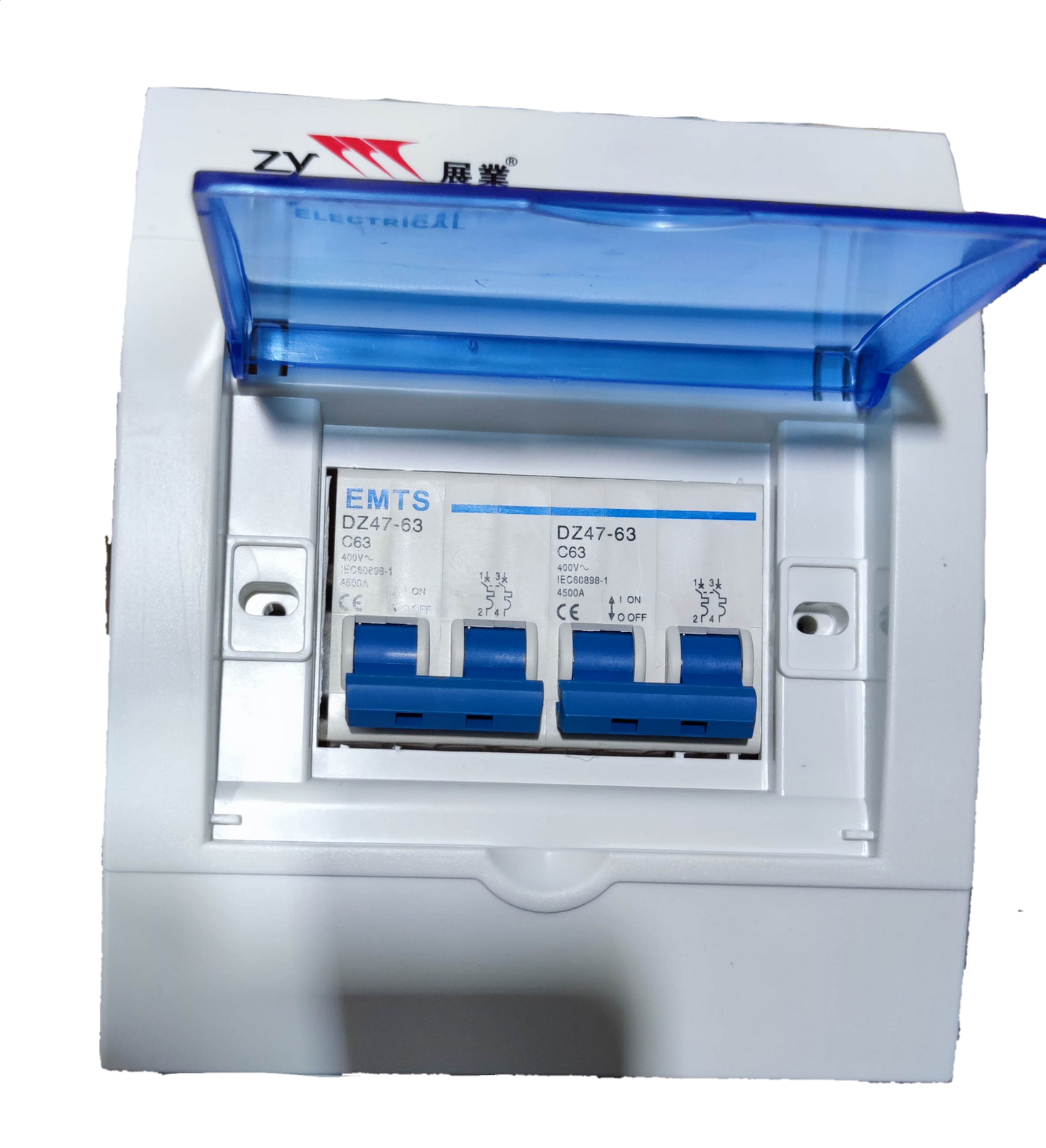 ZY 63A 2 pole circuit breaker 250V Miniature with blue cover and dual switches for electrical safety