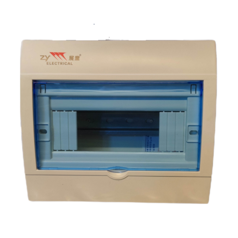 ZY 8 Ways Distribution Box Surface Type with transparent blue cover and beige casing for electrical circuits