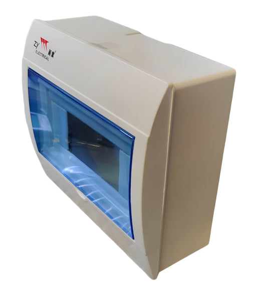 ZY 8 Ways Distribution Box Surface Type with white casing and transparent blue cover for electrical circuitry