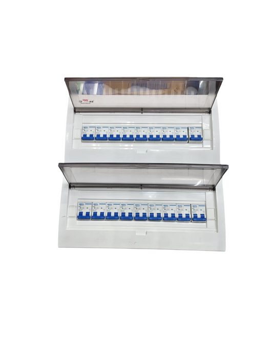 Chint 50A panel board with 17 branch MCBs. White plastic enclosure with two rows of blue MCB switches and transparent covers