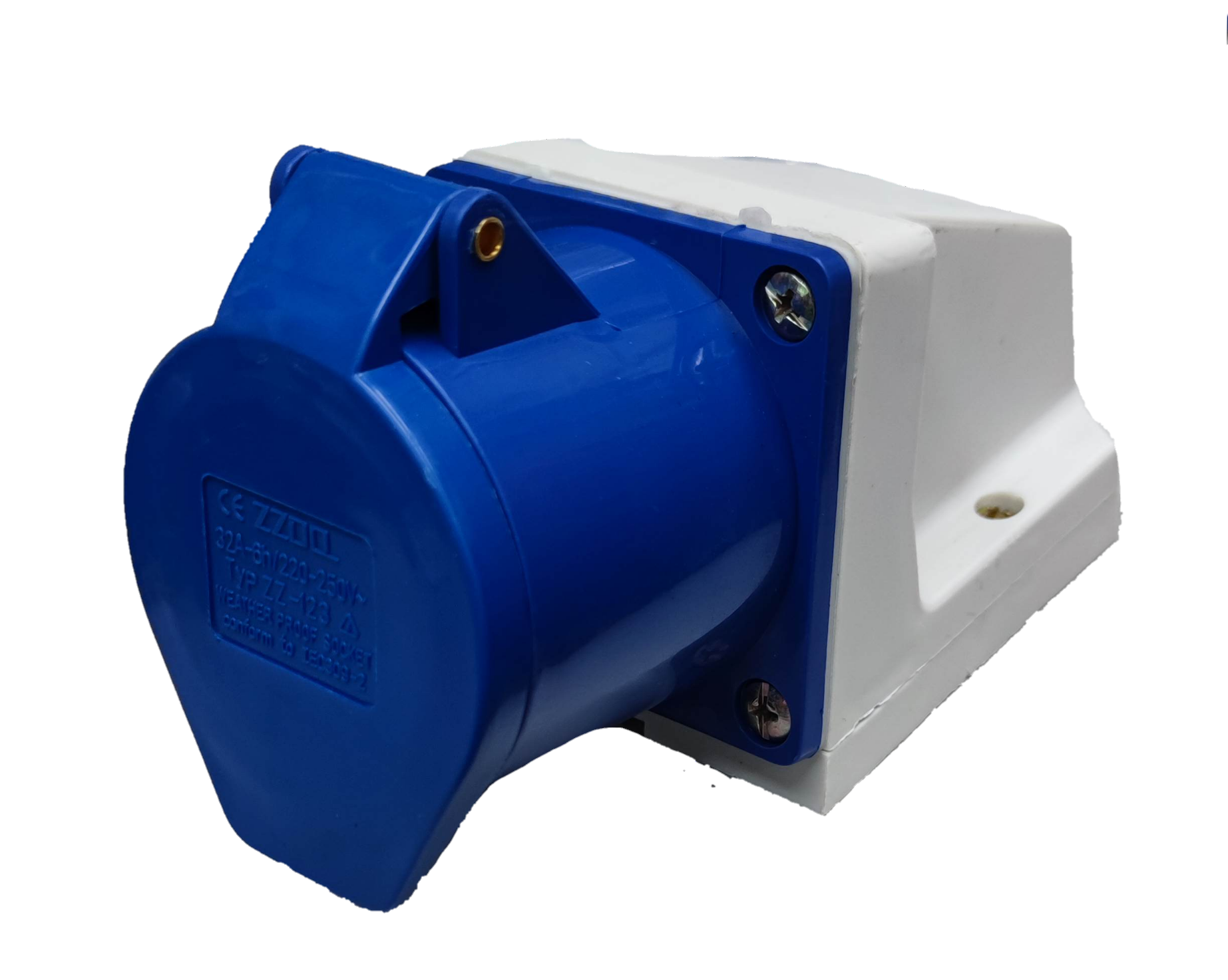 Grippes 32 amp industrial electrical outlet with blue protective cover and white mounting base