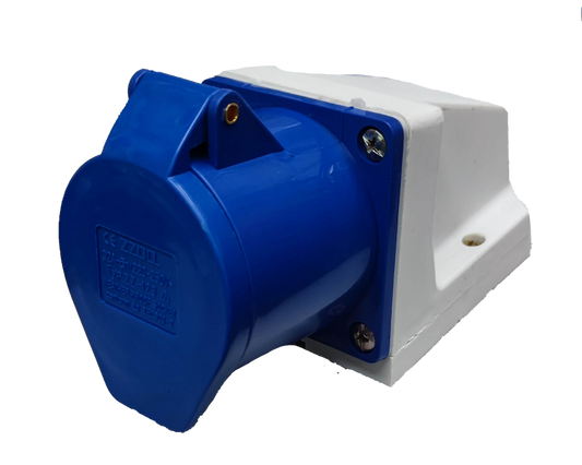 Grippes 32 amp industrial electrical outlet with blue protective cover and white mounting base