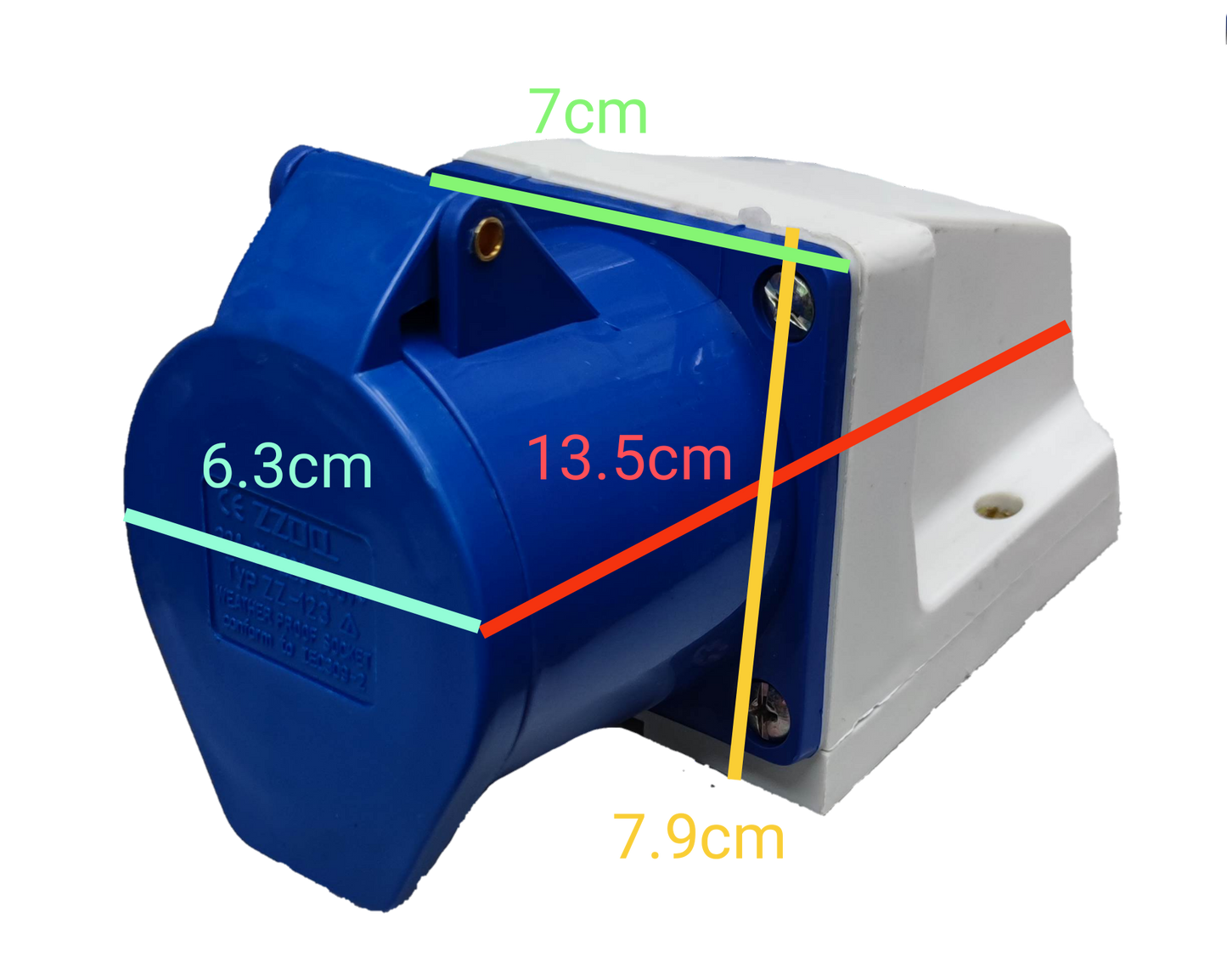 Grippes 32 amp industrial electrical outlet in blue and white with cover and mounting base