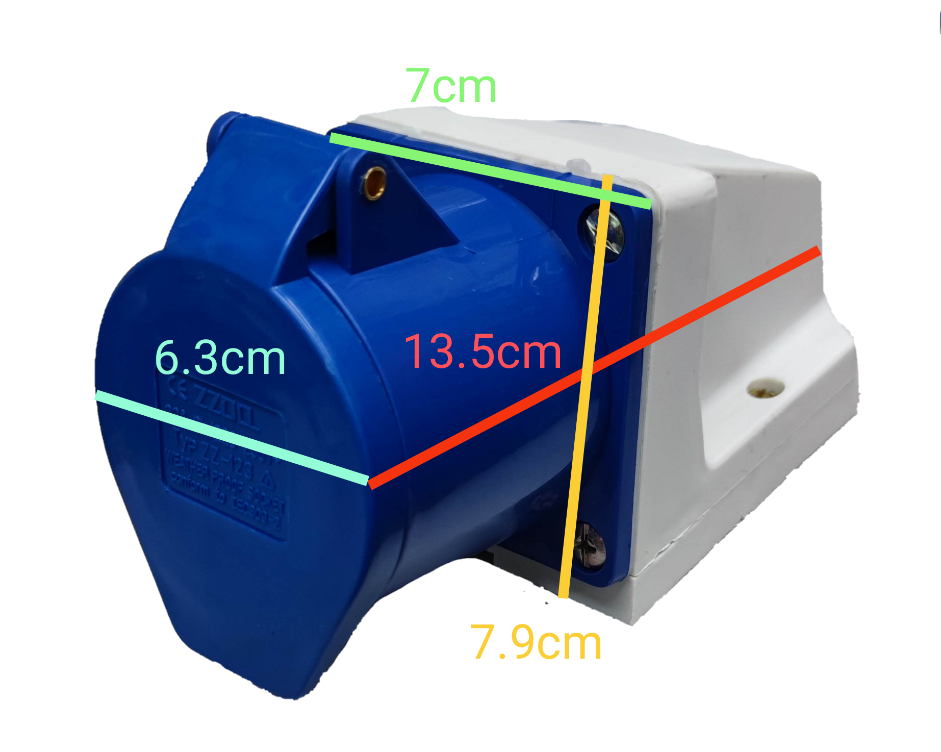 Grippes 32 amp industrial electrical outlet in blue and white with cover and mounting base