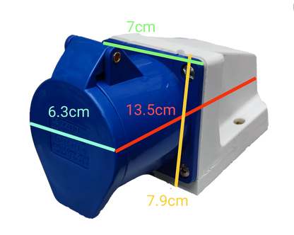 Grippes 32 amp industrial electrical outlet in blue and white with cover and mounting base