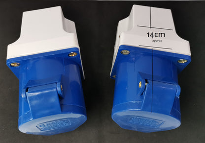 Grippes 32 amp industrial electrical outlet with blue and white casing shown from two angles on black background