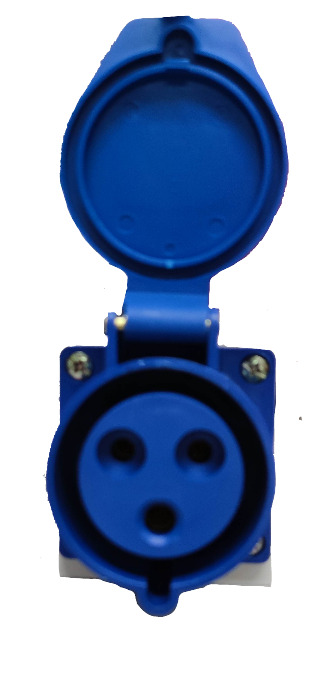 Grippes 32 amp industrial electrical outlet in blue with protective cover open