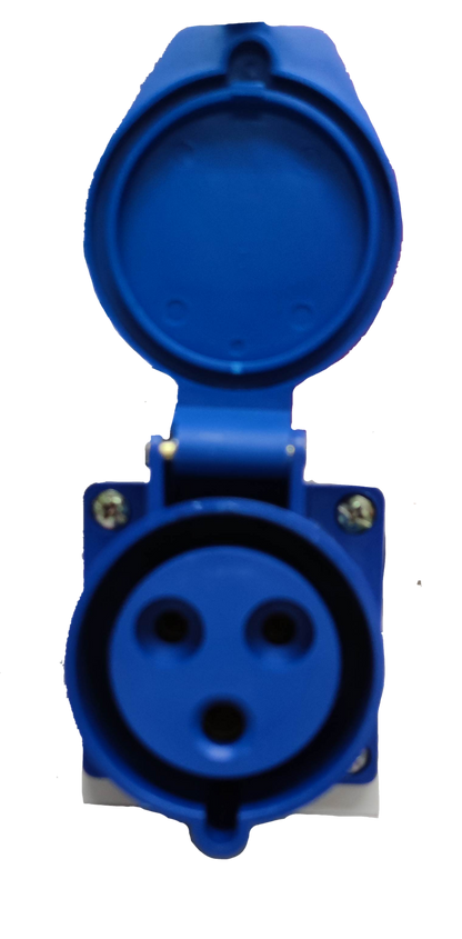 Grippes 32 amp industrial electrical outlet in blue with protective cover open