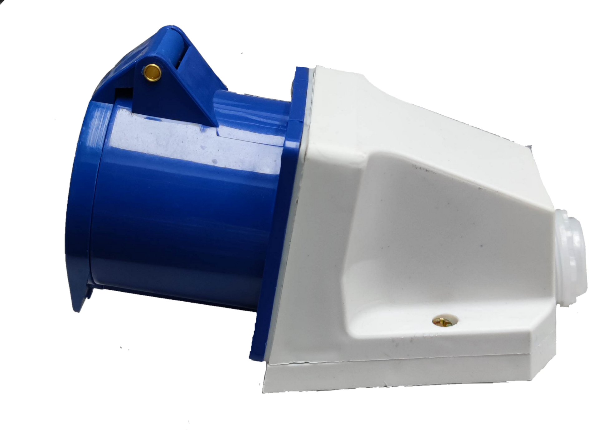 Grippes 32 amp industrial electrical outlet with blue and white durable casing for heavy-duty use