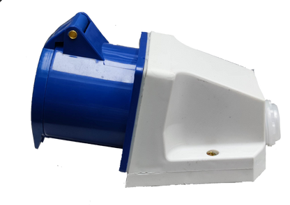 Grippes 32 amp industrial electrical outlet with blue and white durable casing for heavy-duty use
